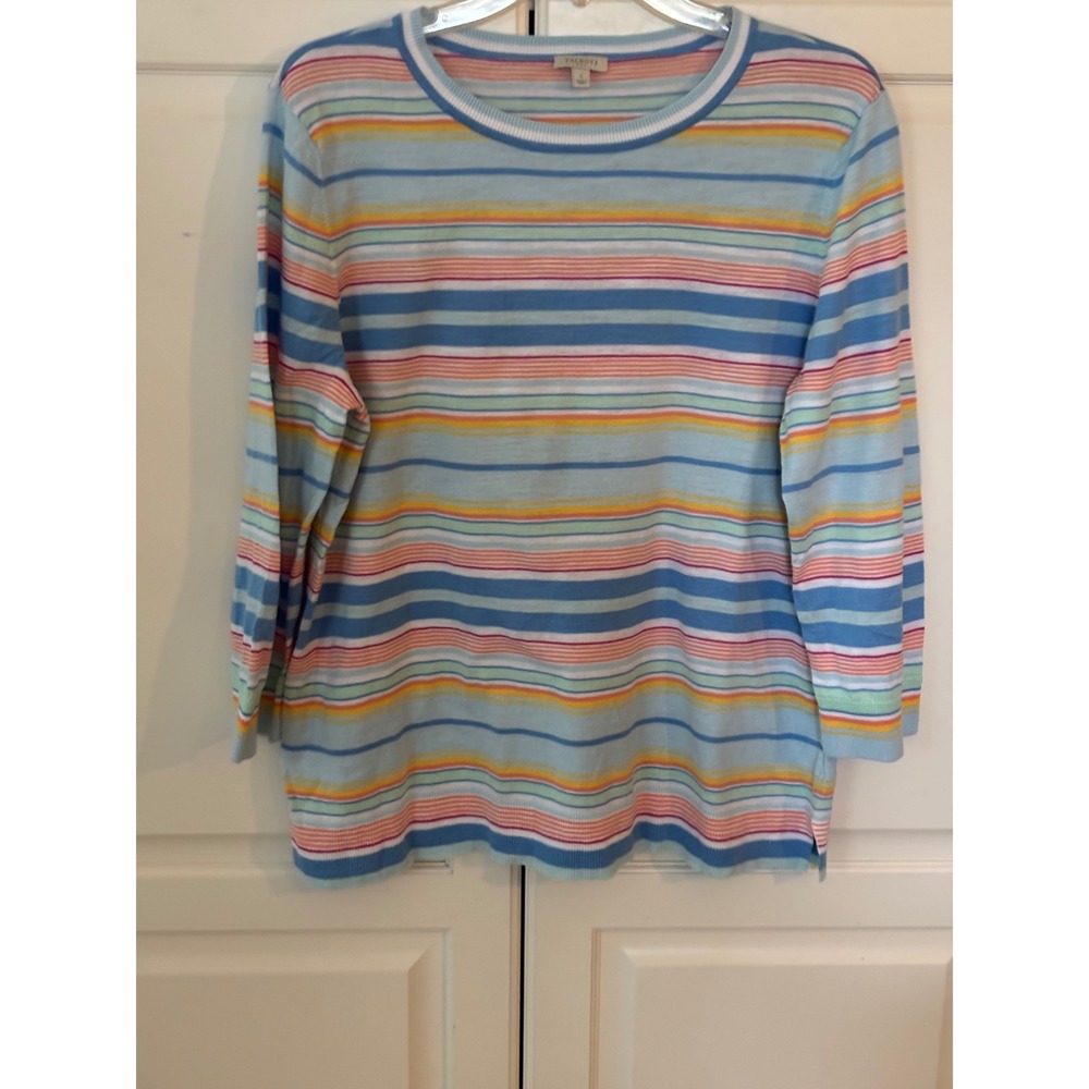 Talbots Womens Blue Multi Color Striped Cotton Crew Neck Sweater Size L